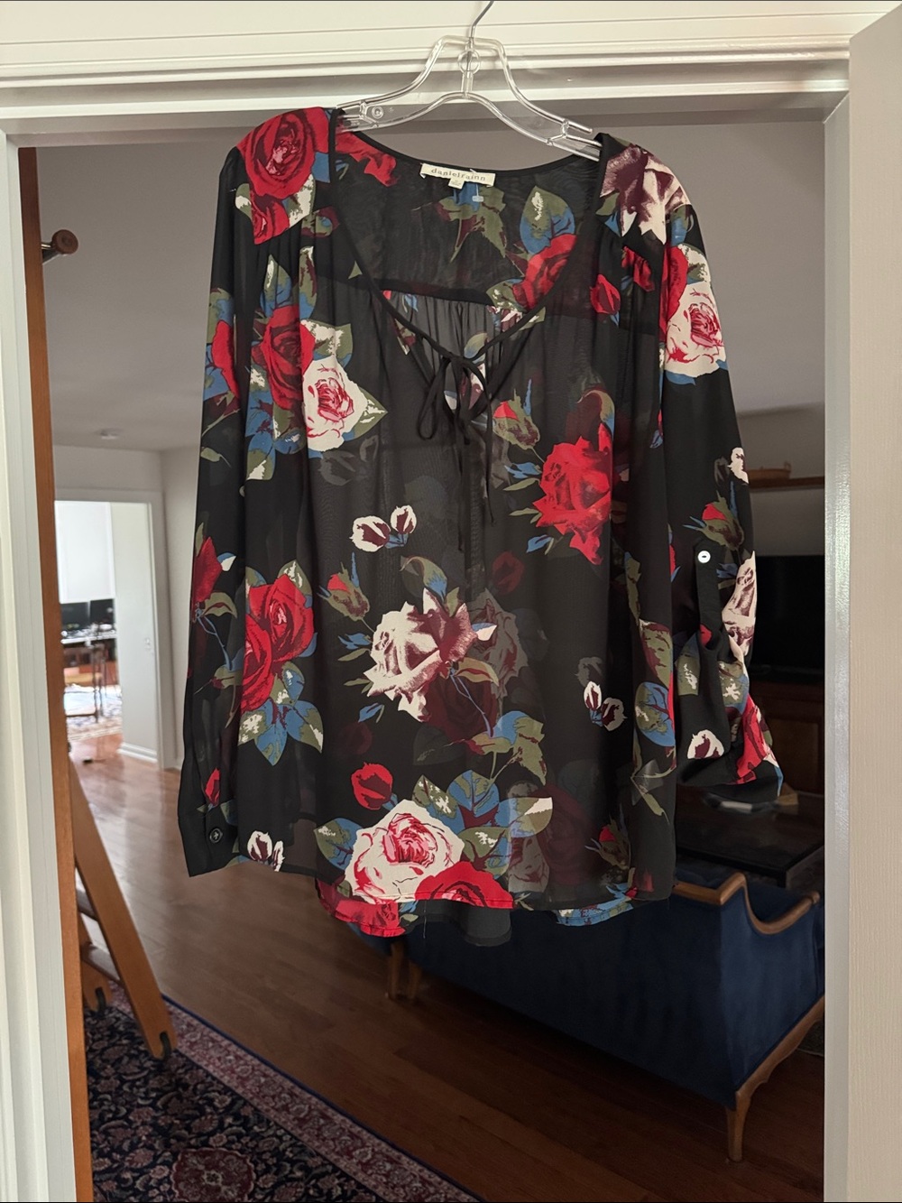 Daniel Rainn Black Sheer Blouse with Red & Ivory Rose Print